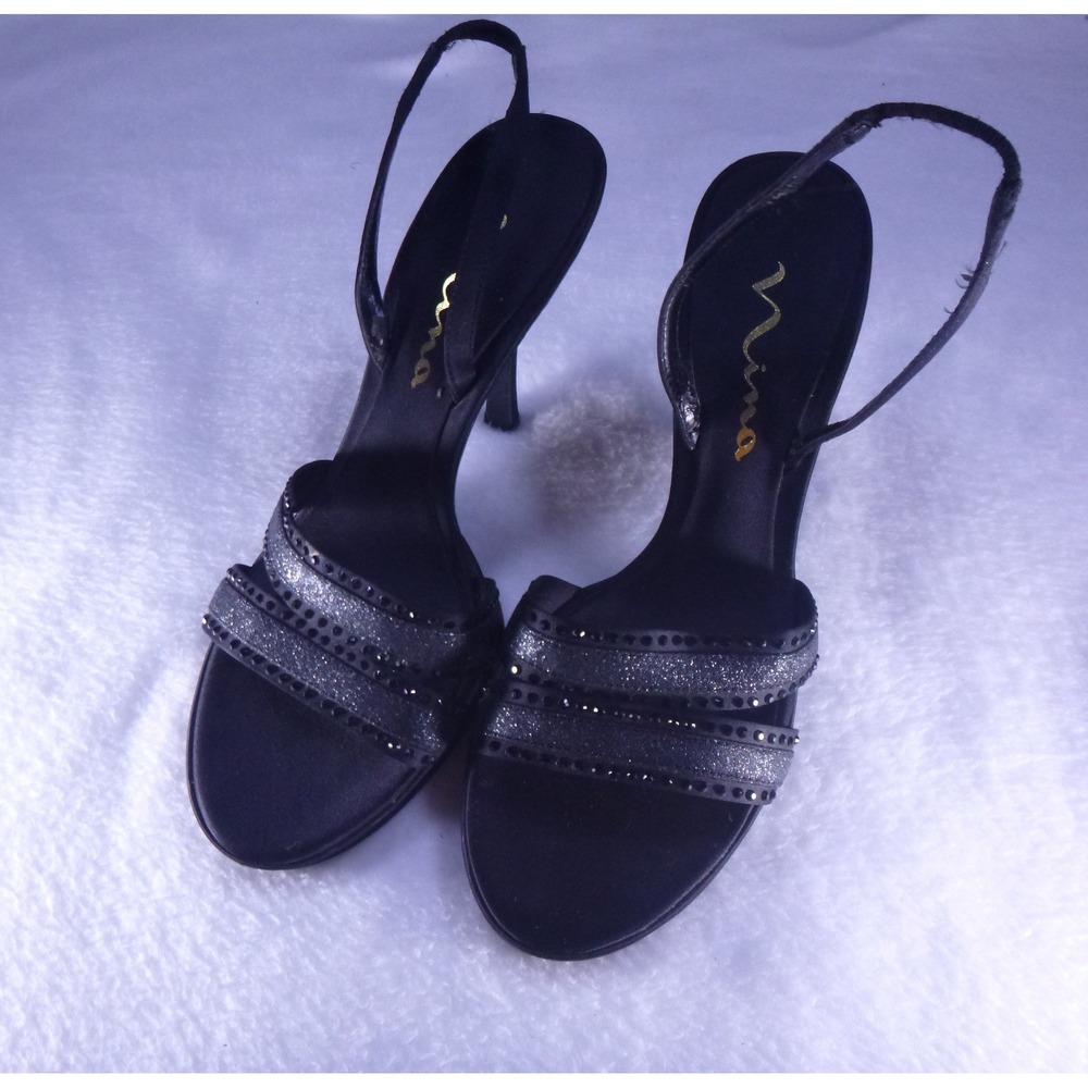 Nina Womens Black Satin Rhinestone Glitter Slingback Stiletto Heels Size 7.5 M